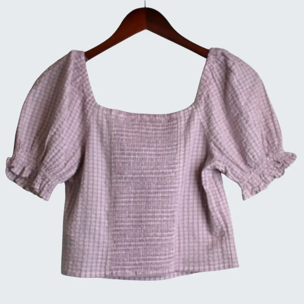 MADEWELL Seersucker Hopewell Puff-Sleeve Crop Top Womens Plaid Mauve Blouse XS